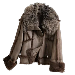 Plus Size Winter Real Fur Leather coat Warm woman leather coat blazer natural fox fur coat and real sheepskin woman fur jacket