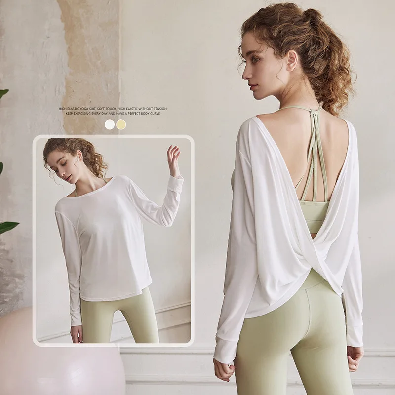 Aoyema New Sweat Absorption Breathable Beauty Back Yoga Wear Backless Fitness Loose Sports Lightweight Long Sleeve Top
