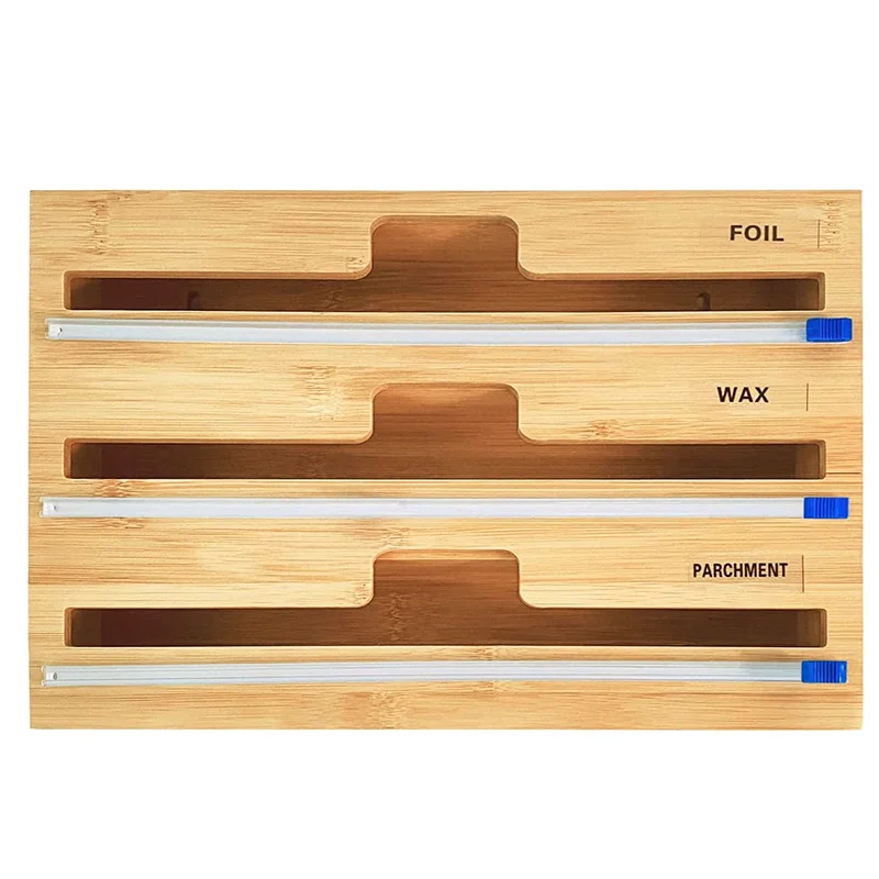 Multifunction Paper Tin Foil Cutter Dispenser 3 In 1roll Plastic Cling Bamboo Wall Mounted Wrap Dispenser Organizer