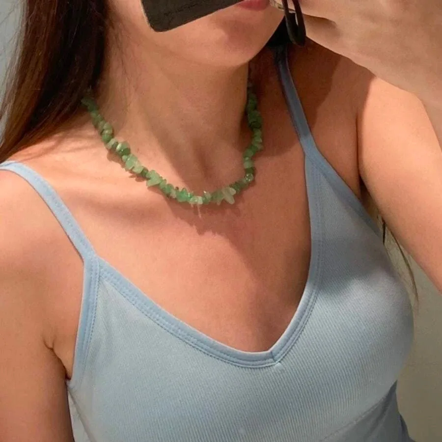 Spring Summer Irregular Rose Quartz Stone Crystal Beading Necklace Healing Gravel Gemstone Stainless Steel Choker