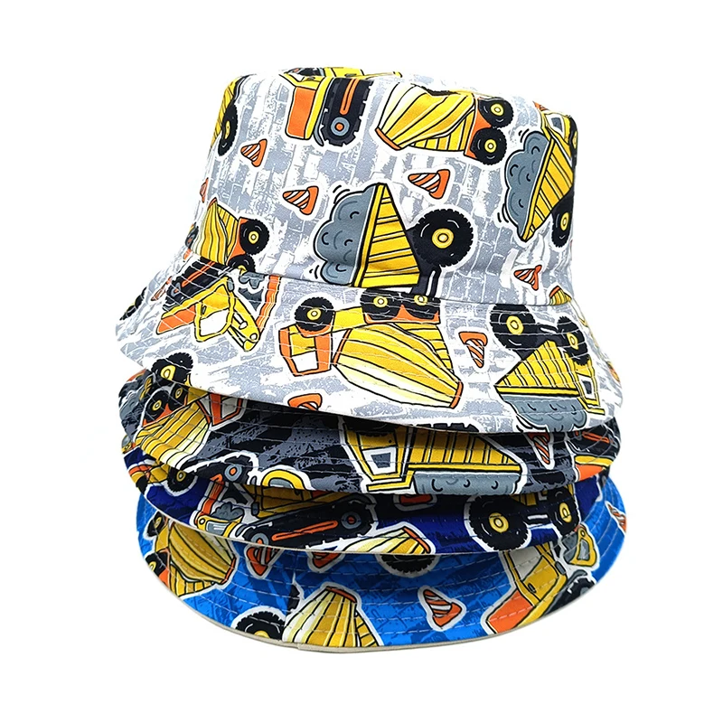 Summer Outdoor Sunscreen Car Toys Pattern Double Sides Printing Panama Cap Boy Kids Fisherman Hats Children Cartoon Bucket Hat