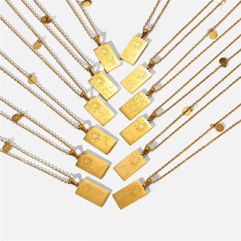 Personalized Astrology Square 12 Zodiac Tarot Card Jewelry 18k Gold Plated Stainless Steel Zodiac Sign Tarot Pendant Necklace