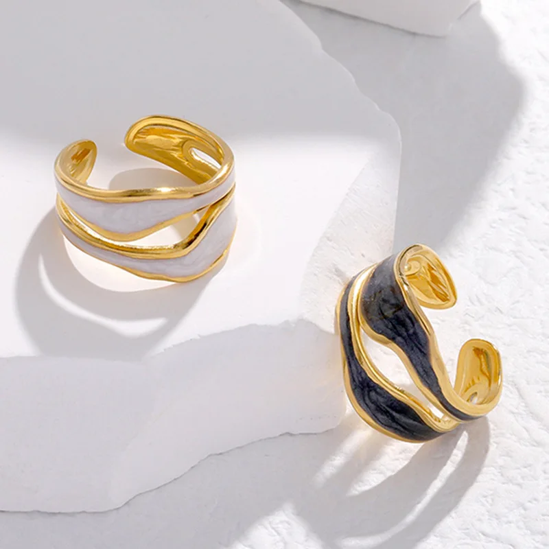 Fashion White Enamel Creative Irregular Jewelry Ring 316L Stainless Steel Open Ring For Women