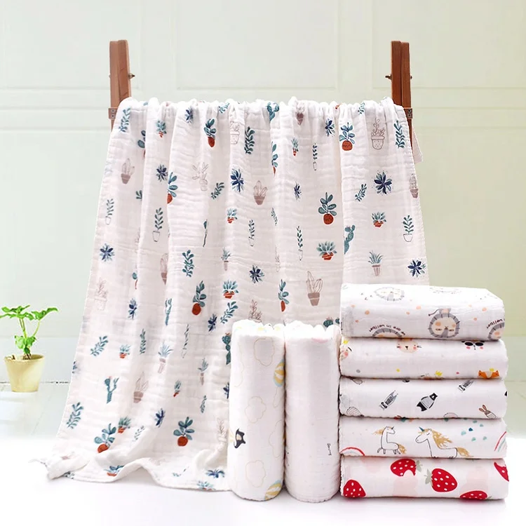 Wholesale Cotton high density 6 Layers cartoon printing Soft absorbent baby muslin diaper baby kids bath towels muslin towels