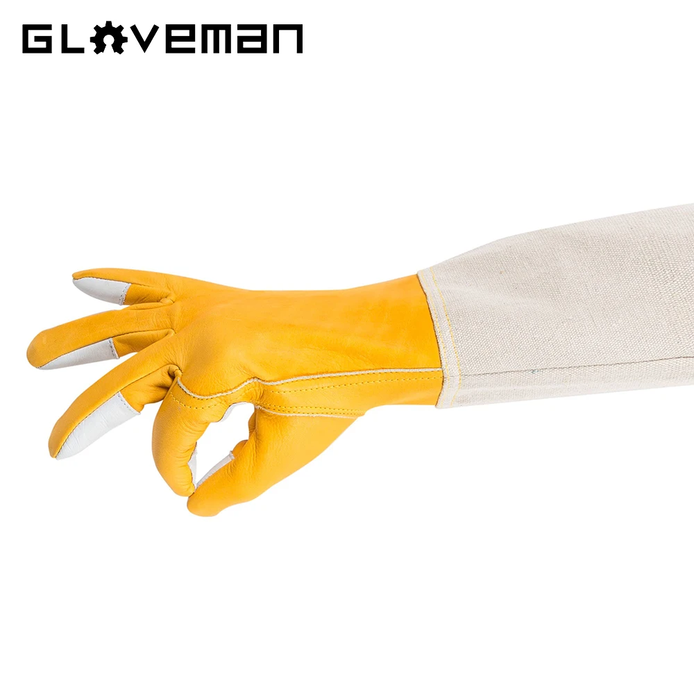 GLOVEMAN Thick Goatskin Cow Leather Canvas Long Sleeves Elastic Cuffs Beekeeper Protected Gloves for Beekeepers Hand Protection