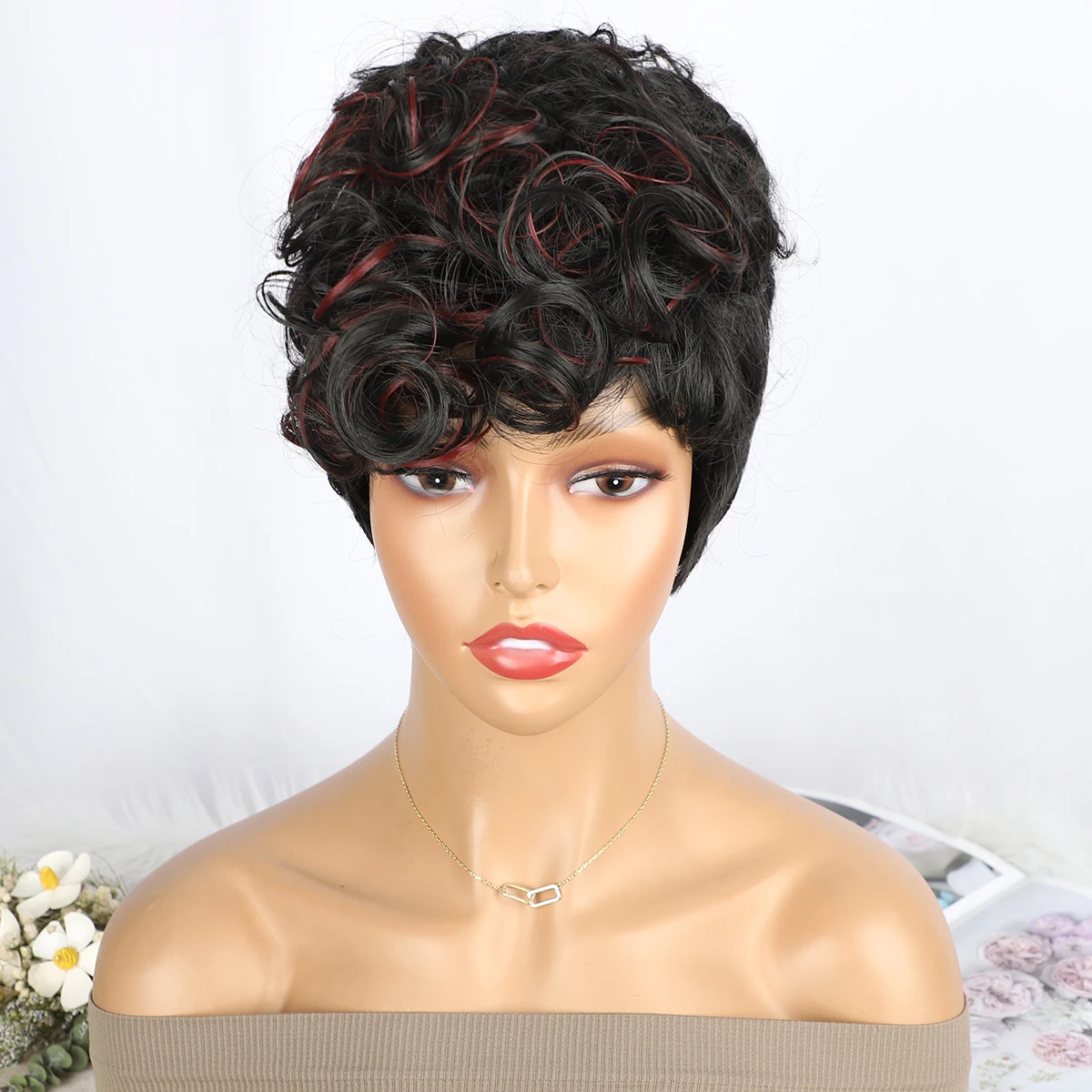 Natural Black Mix Red Short Pixie Cut Hair Wig Heat Resistant Synthetic Fiber Hair Wig Cute for Party and Daily Use