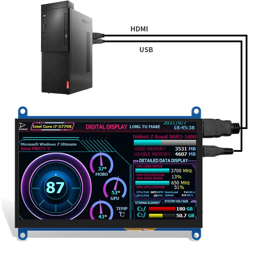 7 Inch IPS/TN 1024*600 Advertising LCD Screen Display mini PC Capacitive Touch Monitor HD Module with AIDA64 Raspberry Pi 4 3B+