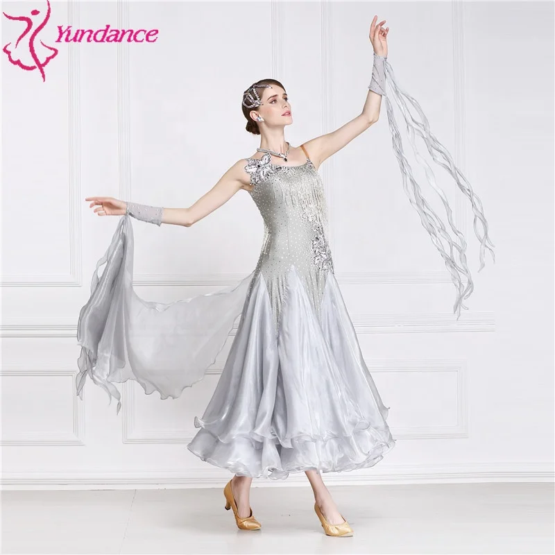 B-15110 High Quality Rhinestones Ballroom Dance Dress Adult Lyrical Gray Modern Dance Costume Dress For Competition