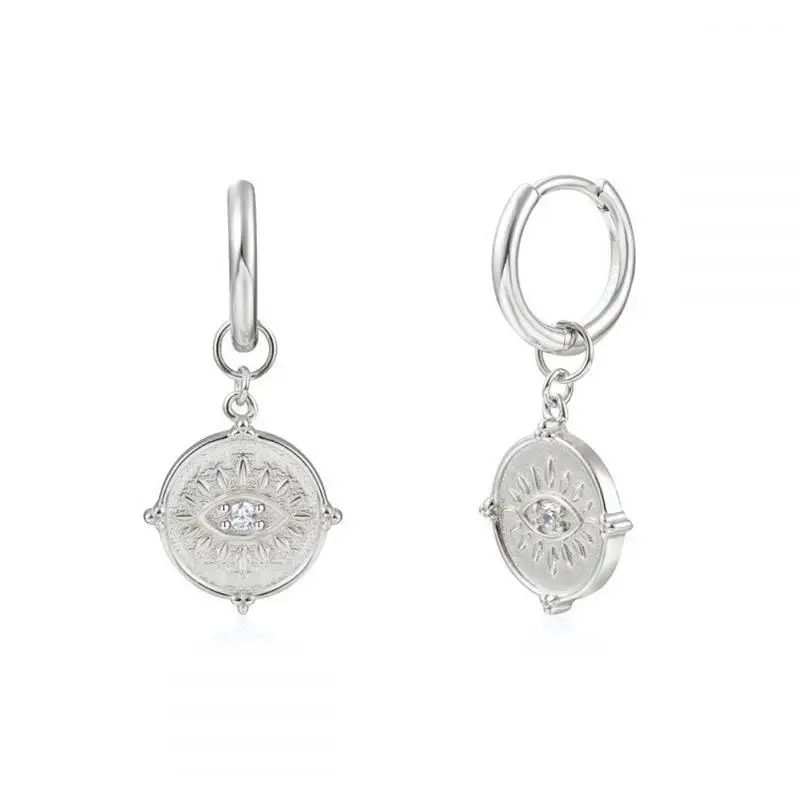 New Trend 925 Sterling Silver 18K Gold Plated Zircon Setting Evil Eye Coin Pendant Charm Drop Hoop Earrings