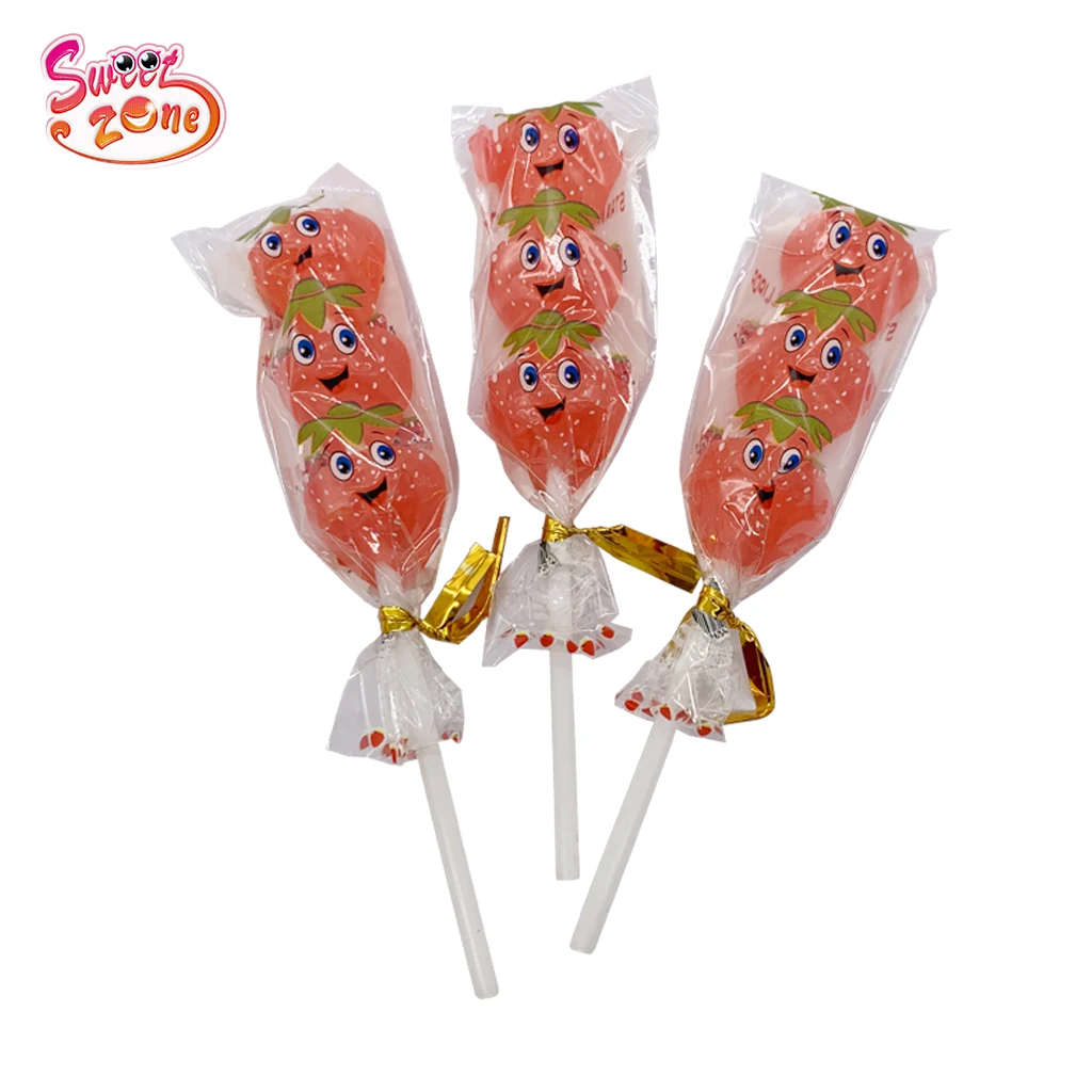 Factory price Fruit flavor Strawberry shape Stick Sweet Lollipop