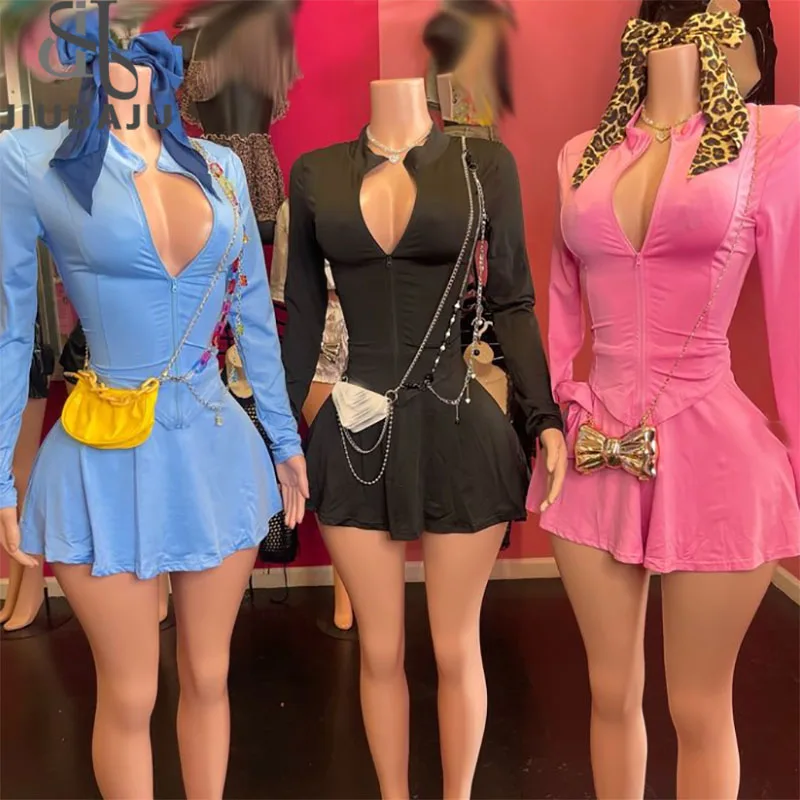 2024 Trendy Sporty Streetwear 2 Piece Set Women Slim Zip Coat + Mini Pleated Skirts Sets (Shorts Inside The Skirt)