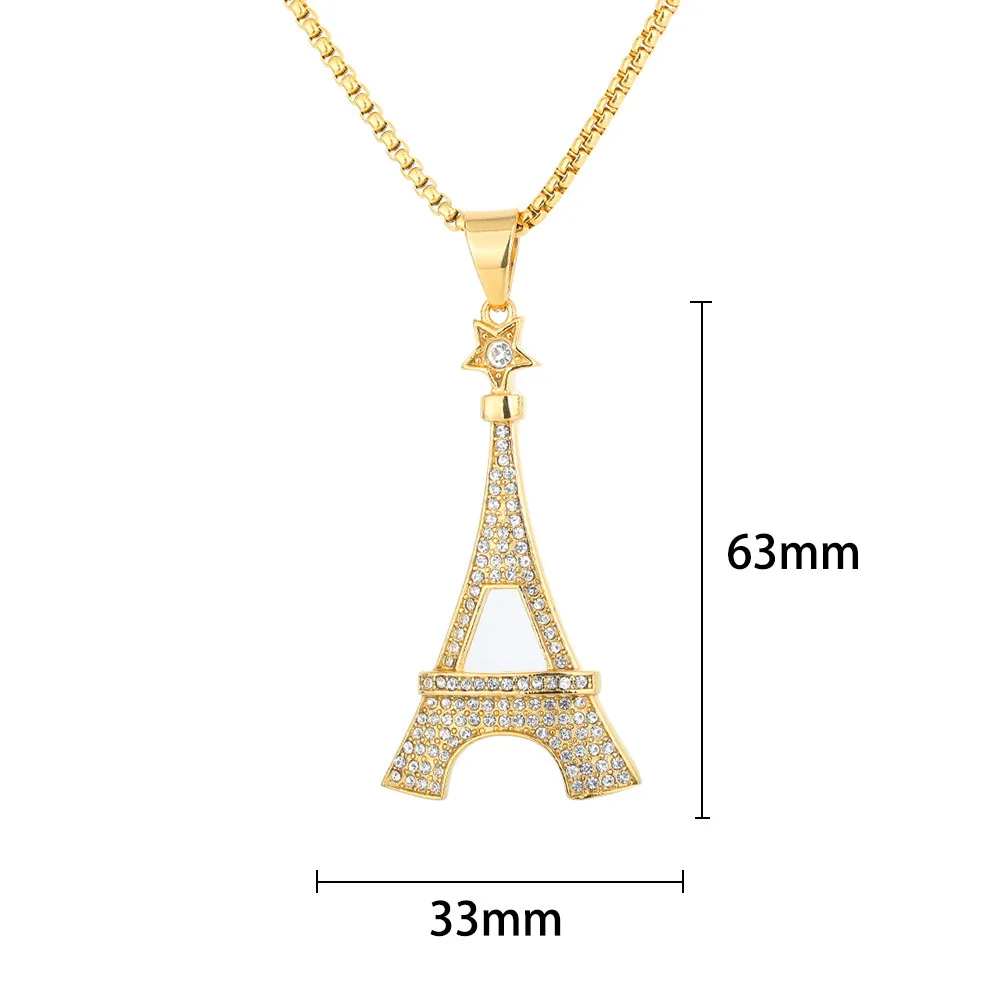 Хип-хоп Обледенение CZ Paris Eiffel Tower Водонепроницаемая не запятнатая Бесплатная нержавеющая сталь модные ювелирные изделия кулон ожерелья мужские