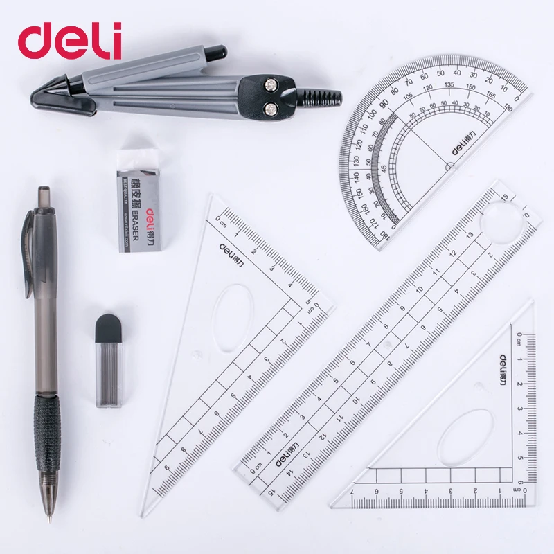 Набор линейки Deli 9591 8 шт. треугольная измерительная линейка Компасы для рисования обучающая Треугольная пластина