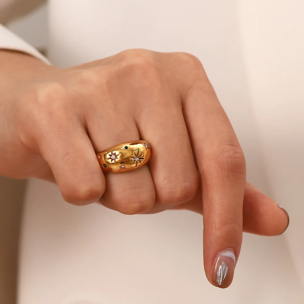 Fashionable Stainless Steel Jewelry Waterproof 18K Gold Plated Star Finger Rings With Zircon Accept OEM Order Customized Ring