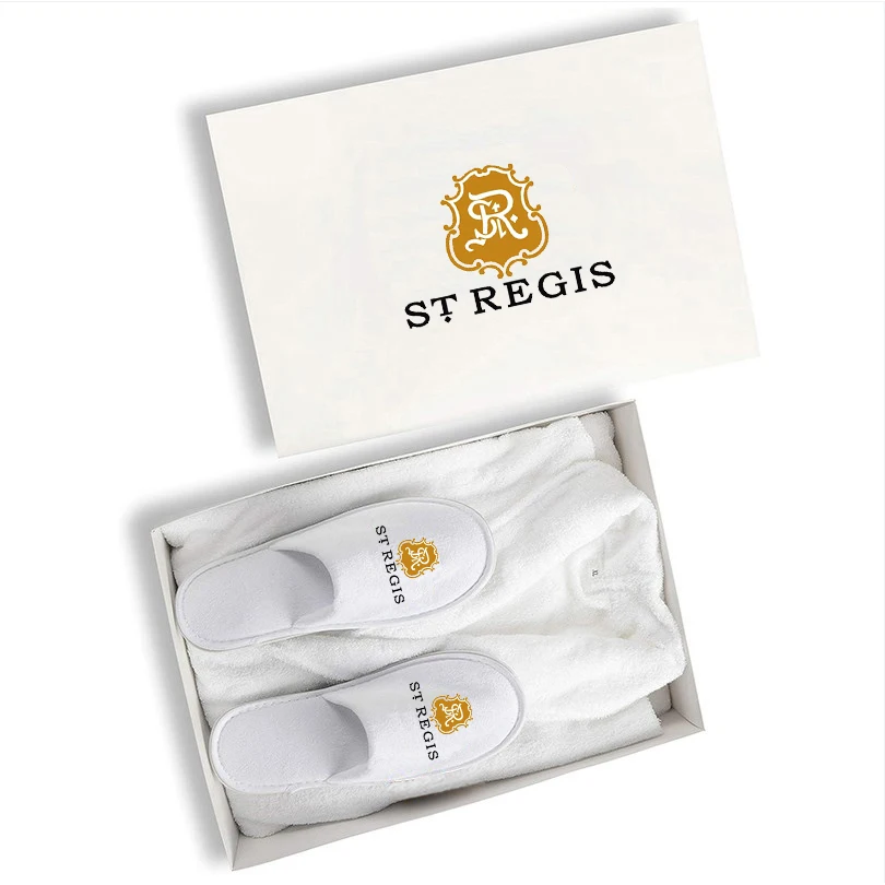 High Quality Custom Logo Luxury Embroidery 100% Cotton Hotel Bathrobe Slipper Set in Gift Box