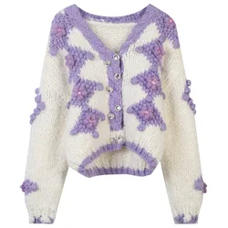 New Arrivals Winter Thick Double Button Flower Pattern V Neck Cardigan Knitted Knitwear