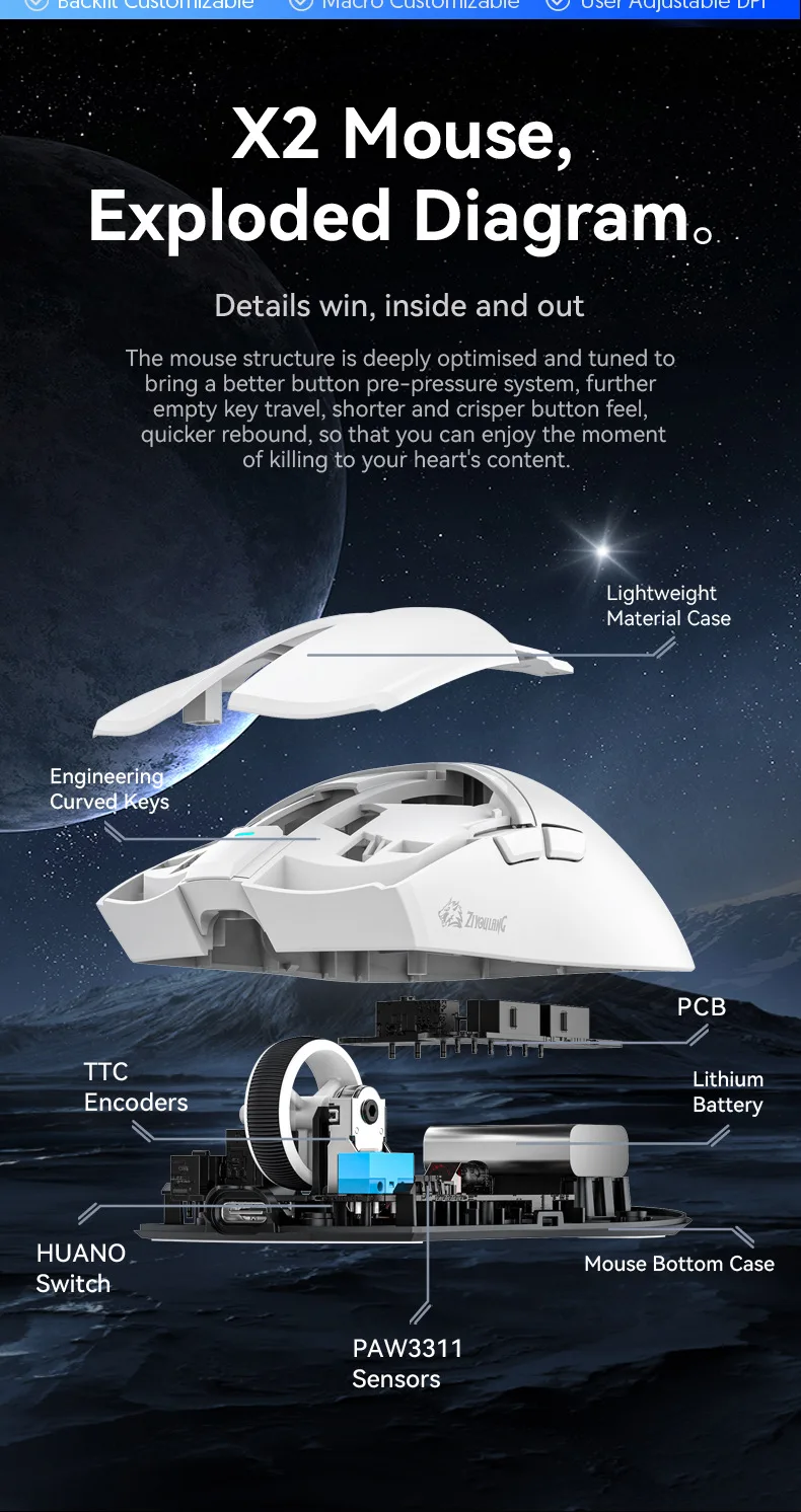 Free Wolf X2 Mouse Lightweight PAW3311 Wireless Tri-mode Gaming Mouse with Rechargeable RGB Base