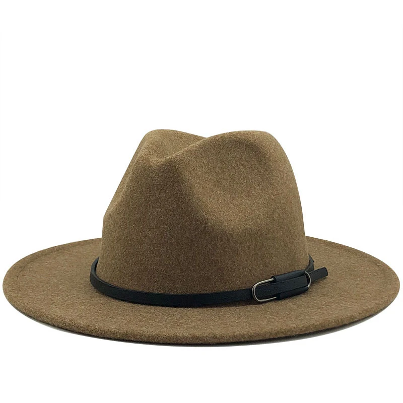
new Women Men Wool Fedora Hat With Leather Ribbon Gentleman Elegant Lady Winter Autumn Wide Brim Jazz Church Panama Sombrero Cap 