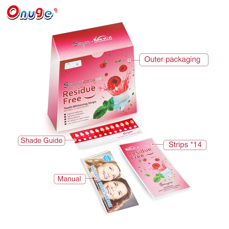 CE Approved Hot Sale Onuge Wholesale Whitening Kit Cranberry Flavor Residue-free Teeth Whitening Strips