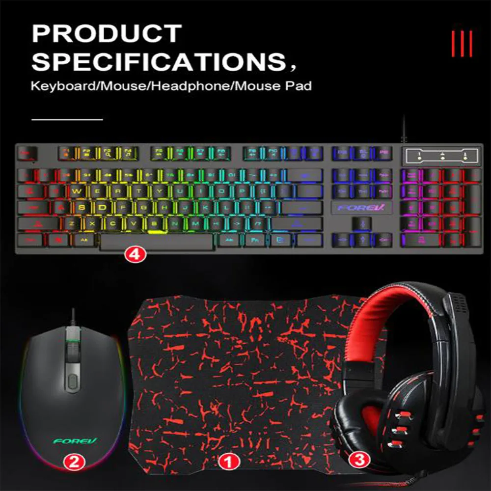 FV-Q809 Professional wired Gaming Keyboard and mouse headset four - piece RGB Backlit running horse lamp effect
