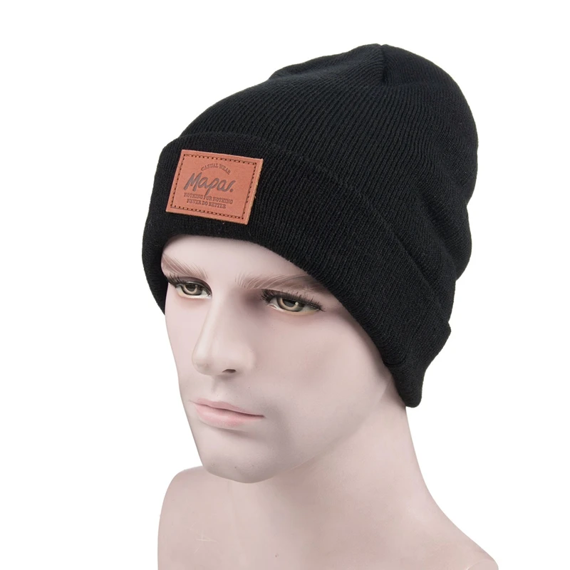 Manufacturer designer winter hat famous brands custom logo leather patch personalised knitted beanie cap hat for men