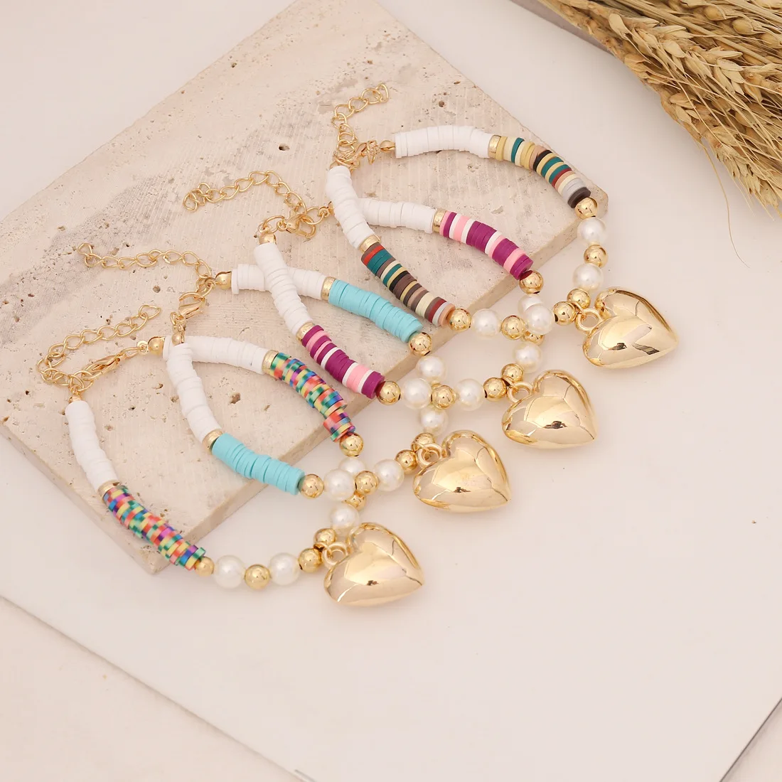 Bohemian Polymer Clay Beads Big Heart Charm Bracelet Jewelry Ins Adjustable Heart Boho Beaded Bracelets For Women