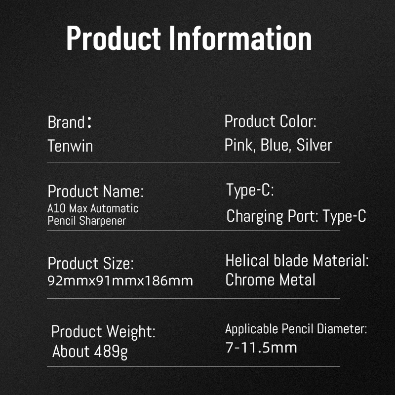 Tenwin 8188 Brand New Electric Rechargeable Auto Stop Jumbo USB Personal 7-11.5mm Pencil Sharpener Cutter