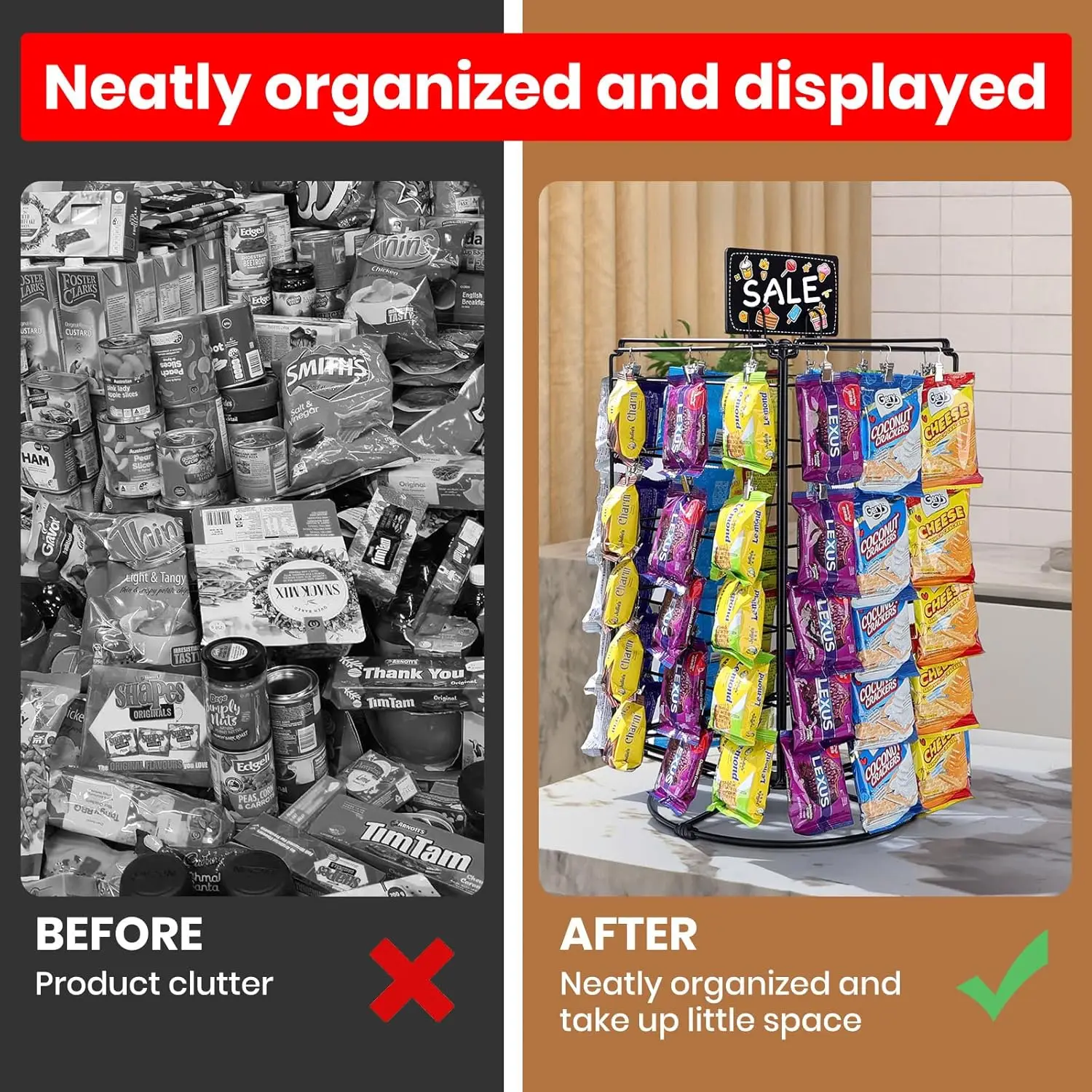 Chip Rack Display Stand, 60 Chips Snack Display Rack For Supermarket, Rotating Chips Display Shelf For Store,Promotional Rack