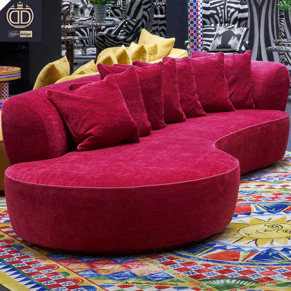 high quality upholstery girl luxurious modern red velvet sofa elegant wine red fabric curved sofa couch for girl
