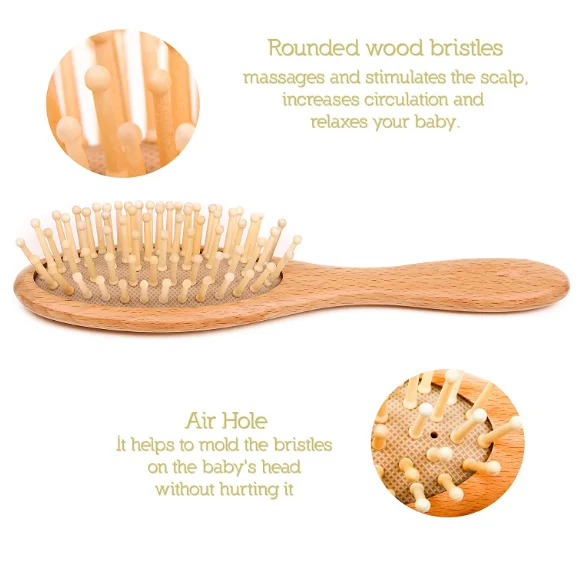 Natural Wooden Hair brush with Soft Goat Bristles Baby Hair Brush and Comb Set for Newborn