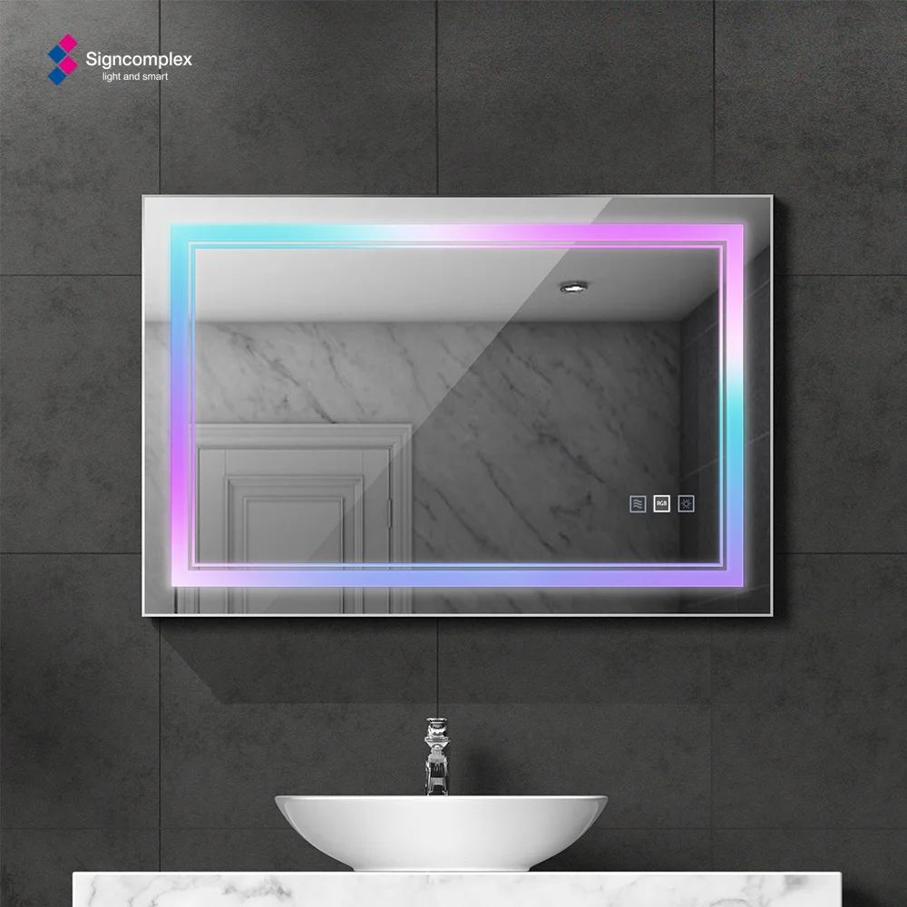 Custom Smart Touch Screen Vanity Wall Make Up Cosmetic Mirror Square Frames Magic Led Bathroom Mirror RGB Light