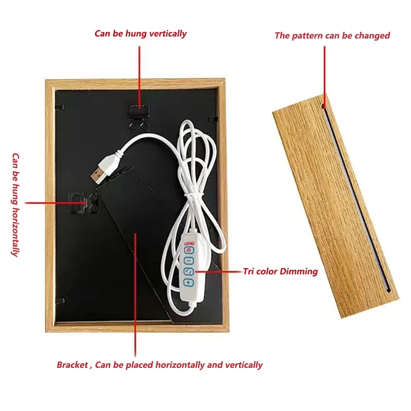 High Quality Light Painting Led Art Light Wooden Frame Lamp Frescoed Decorative 3 Colors Custom Photo Light Box