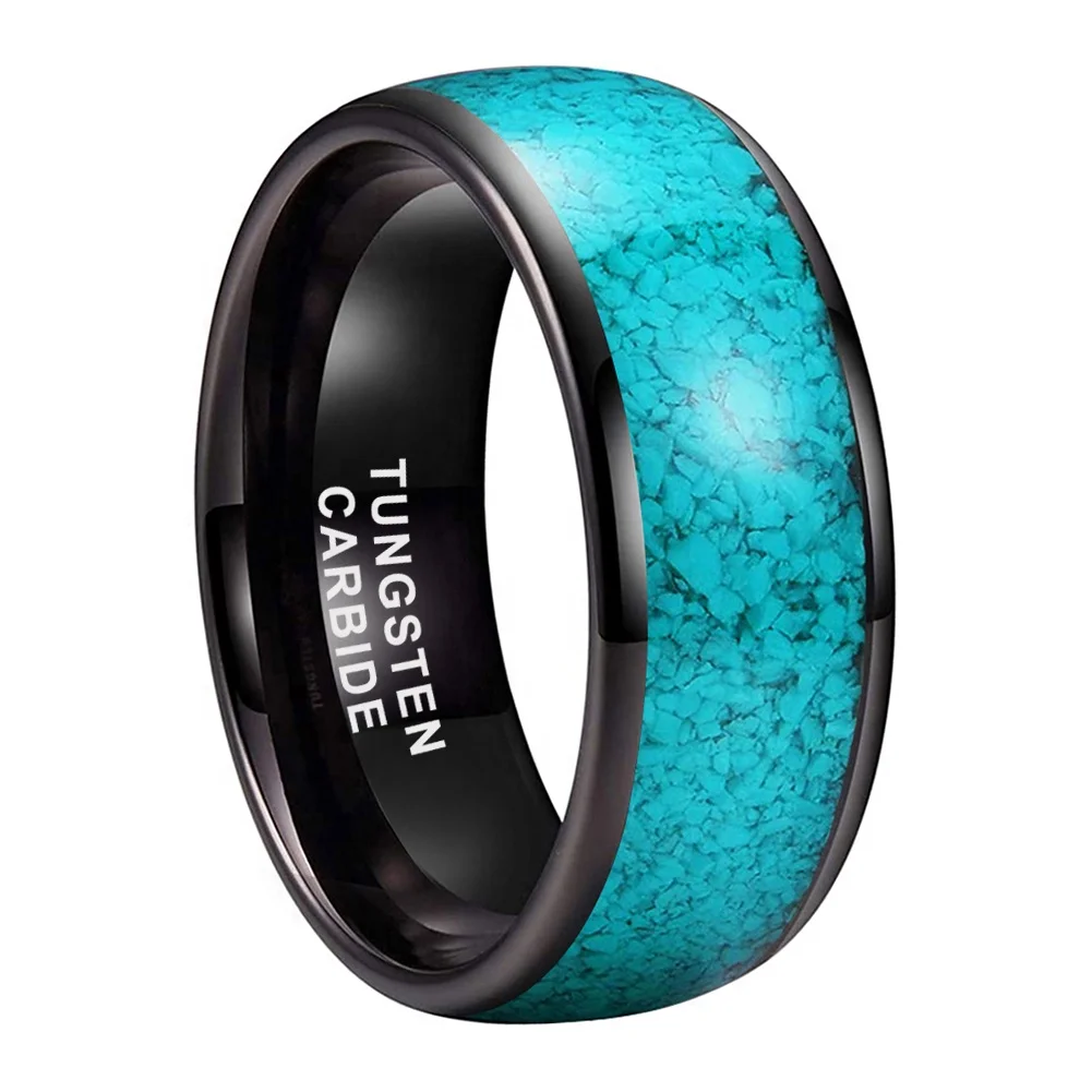 Coolstyle Jewelry 8mm Black Tungsten Ring for Men Women Crushed Turquoise Inlay Domed Fashion Jewelry Engagement Wedding Band