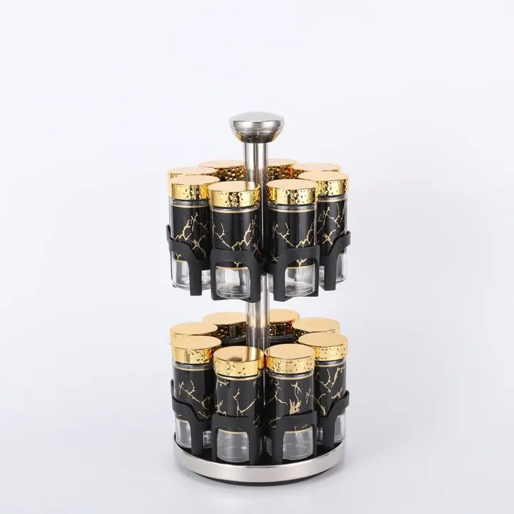 WONDERFUL High Quality Marble Glass Kitchen Salt Pepper Shaker Bottles 2-Tier Black Household 360° Rotating Spice Rack Jars Set