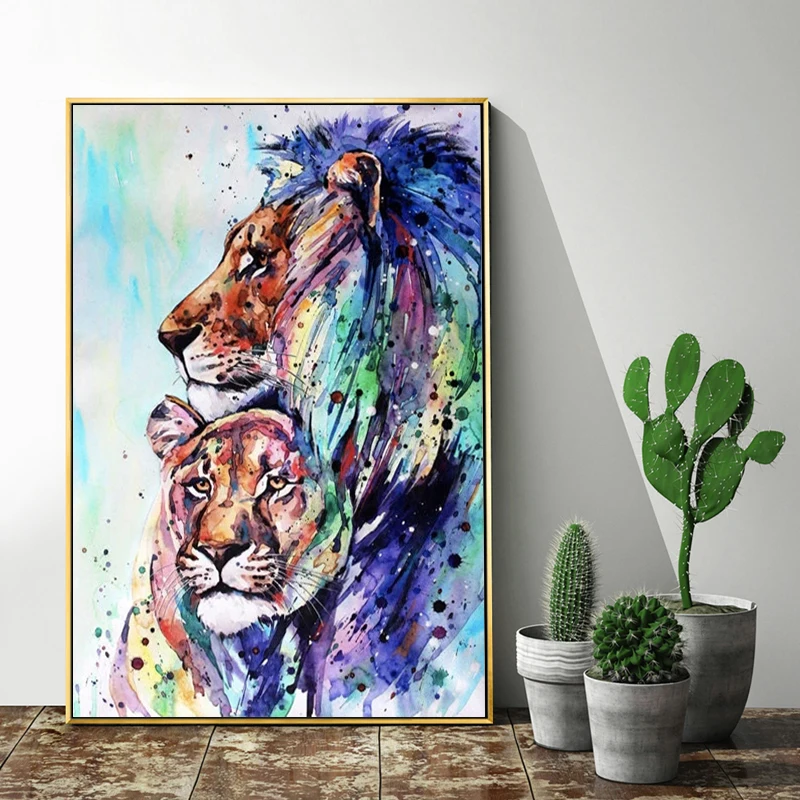 Modern Abstract Colorful Animal Lion Couple Posters and Prints Canvas Paintings Wall Art Pictures for Living Room Decor No Frame