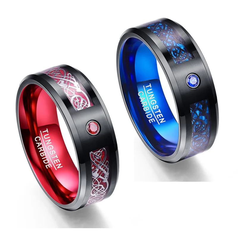 Latest style Carbon Fiber Scrub Blue Zircon Men Rings Tungsten Carbide  Black Dragon rings