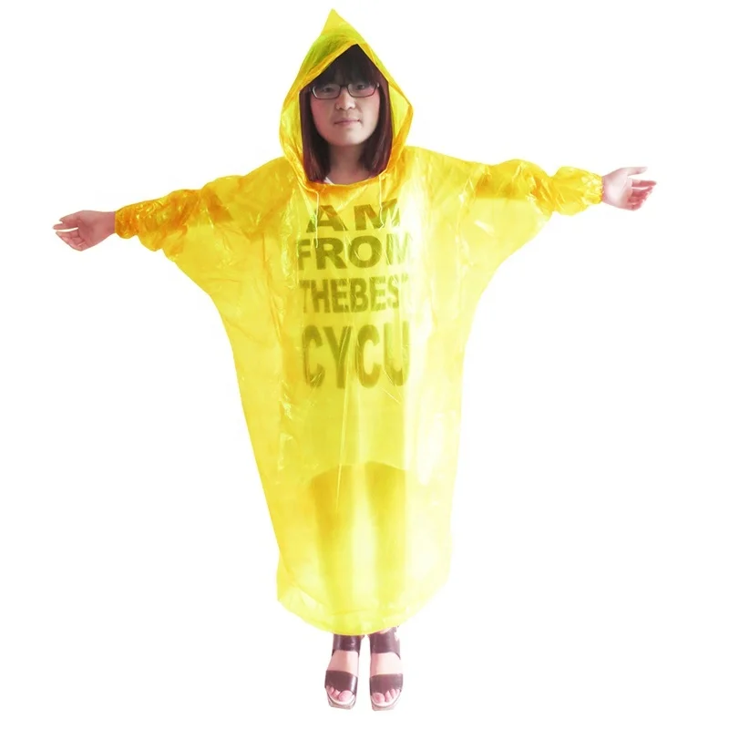 
0.02mm LDPE disposable raincoat with sleeves and hood drawstring for protective use 