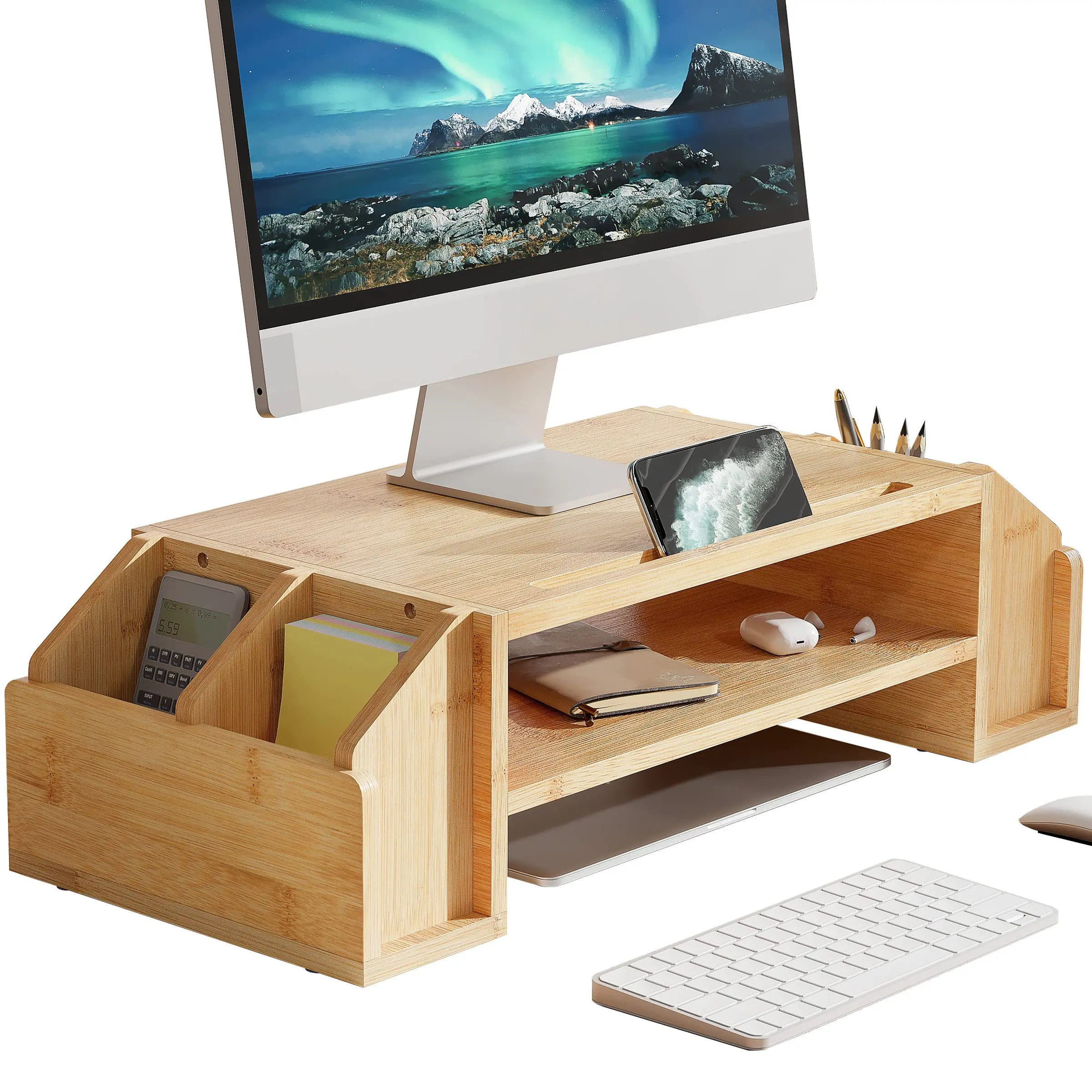 Bamboo 2-TIier Monitor Riser with Adjustable Storage Organizer Desktop Stand for Notebook