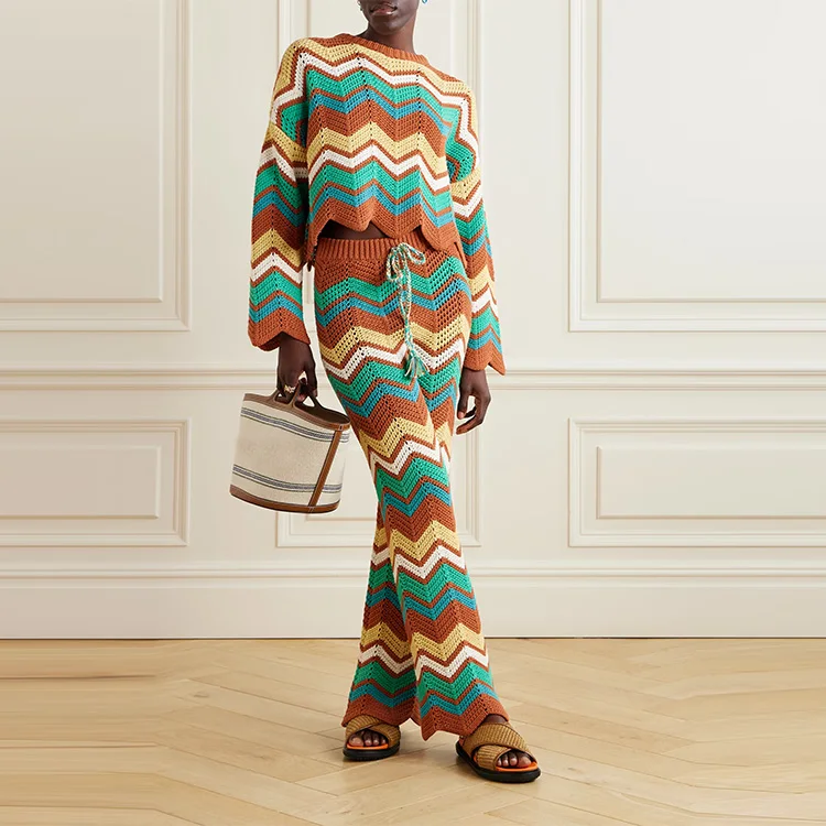 Knitwear Manufacturer Custom Spring Autumn Crew Neck Long Sleeve Striped Knit Women Pullover Sweater