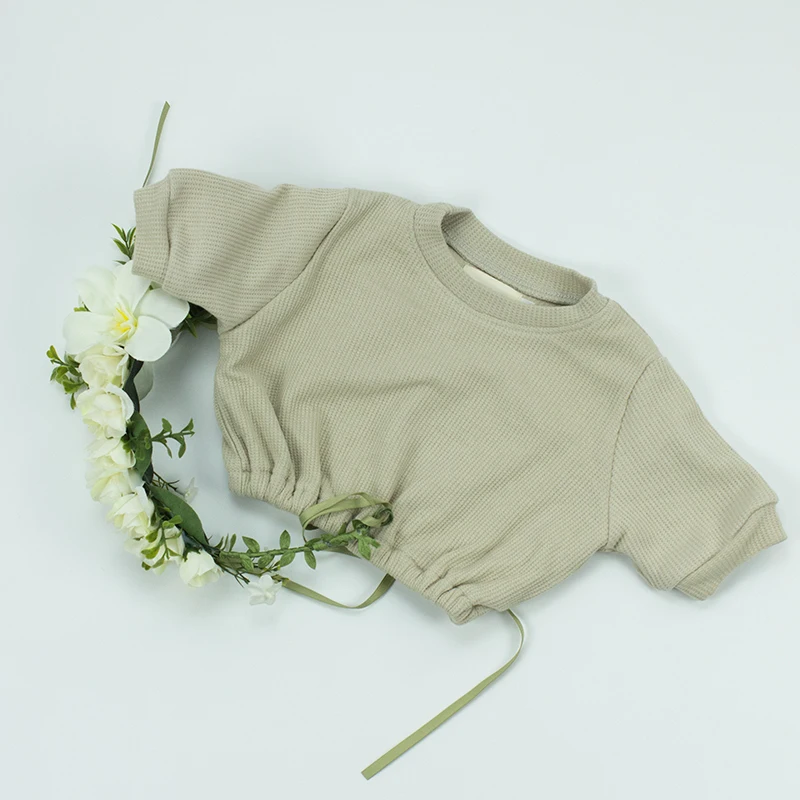 
High Quality Ins-Style Baby Newborn Clothes Top Light Grey oversize Waffle O-neck unisex shirts Waist with stretch 