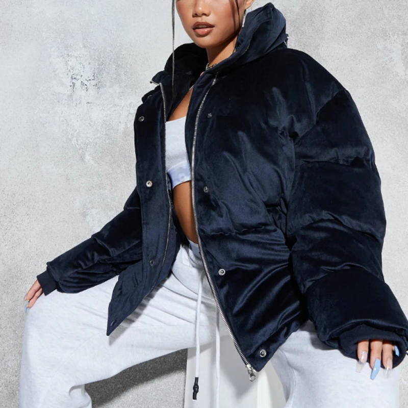 Navy Oversized Winter Heated Women Warm Outdoor Velour Coat Custom Logo Long Crop Fur Puffer Jacket For Ladies
