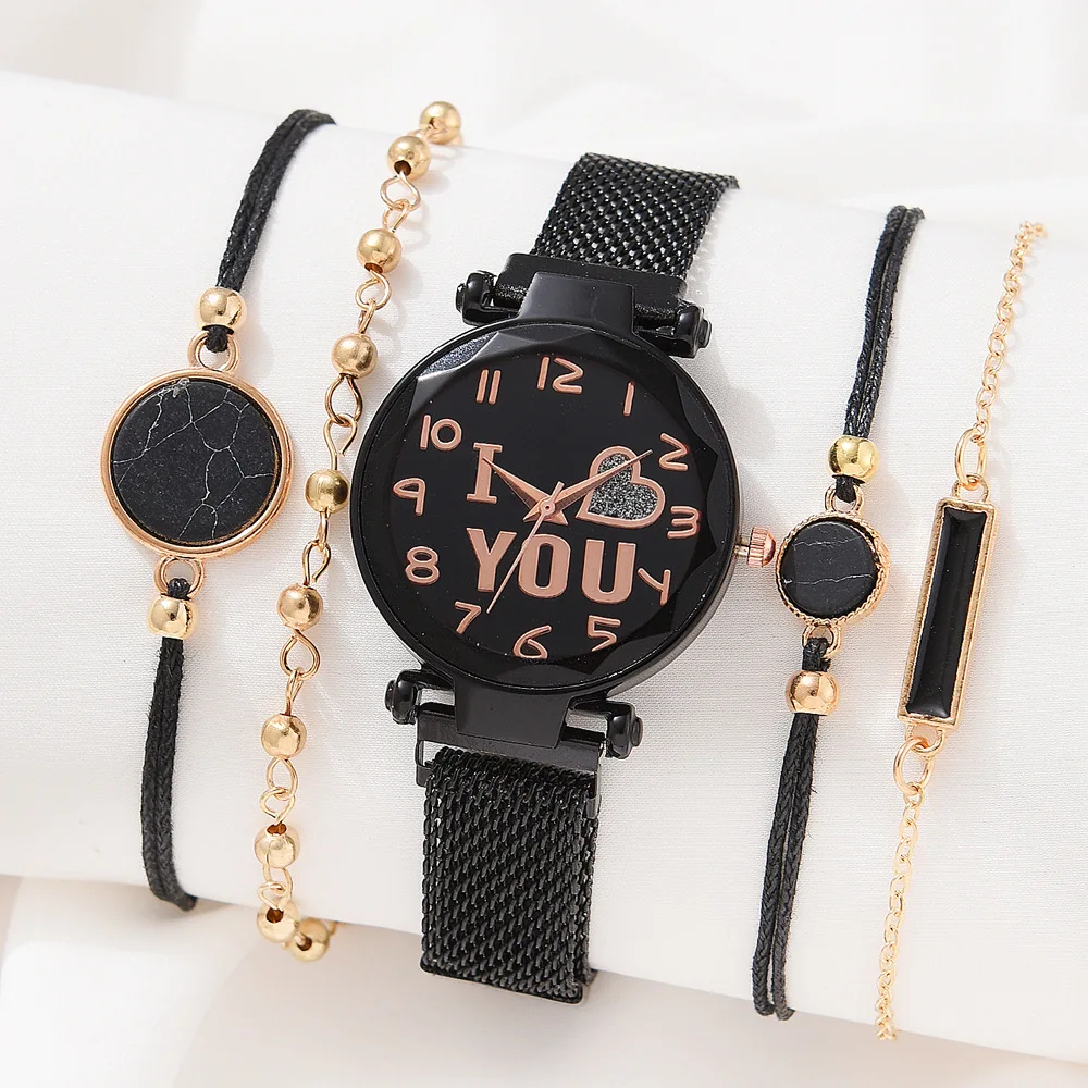 Luxury Quartz Starry Sky Heart Dial Ladies Wrist Watches Magnetic Mesh Band Watch and Bracelet Set