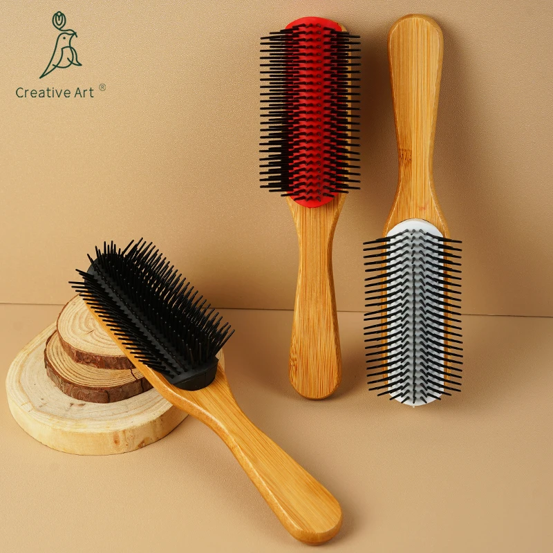 Customized Logo 9 Rows bamboo Nylon Pins Brush Natural Curly Hair Paddle Styling Hair Brush