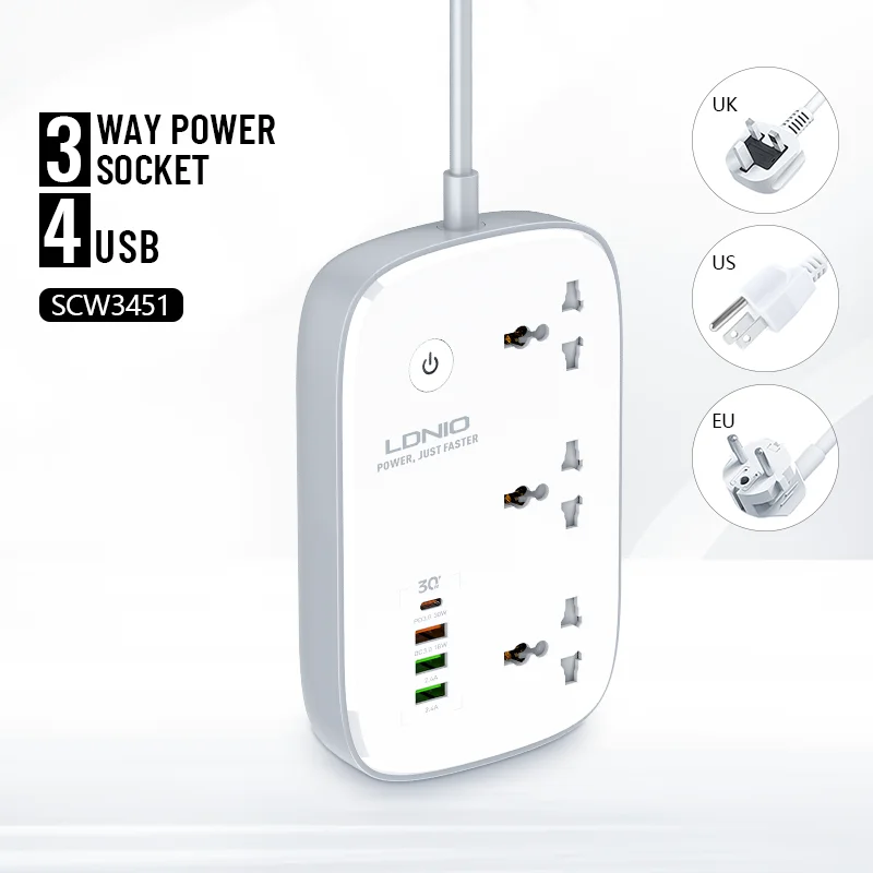 Умный удлинитель LDNIO SCW3451 Wi-Fi с функцией быстрой зарядки вилкой Uk/Us/Eu