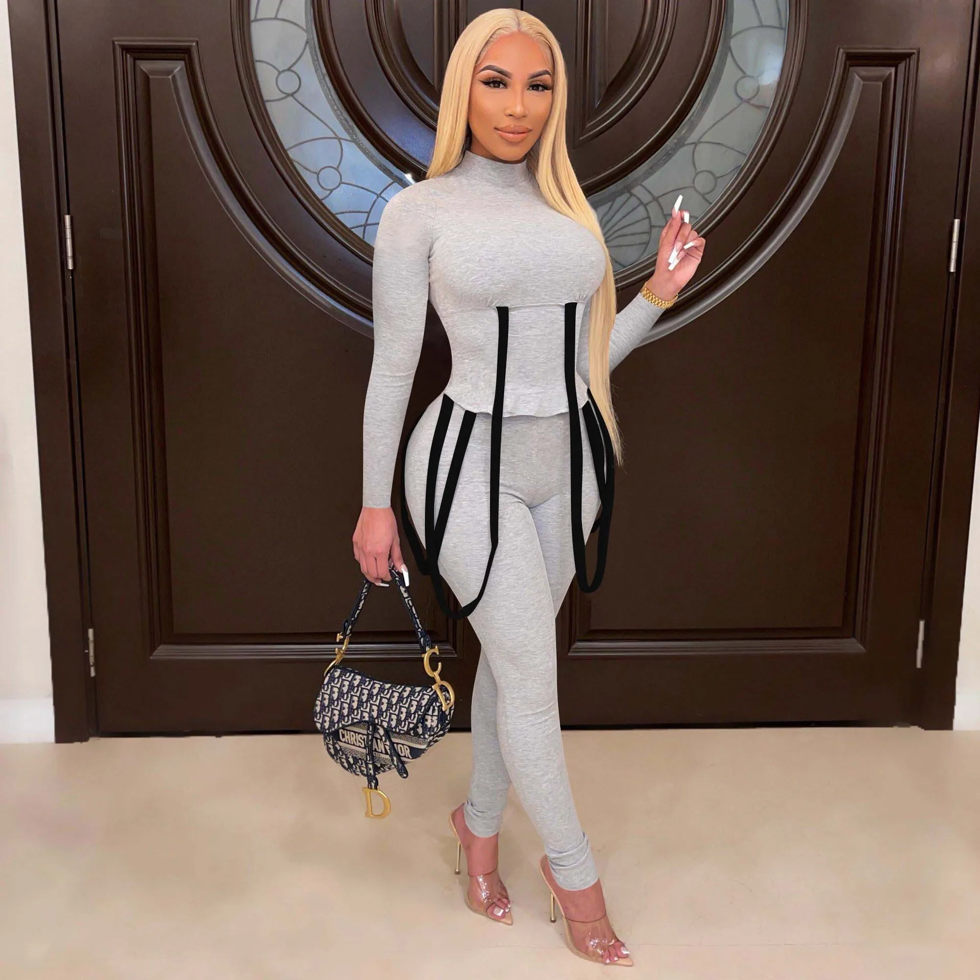 Wholesale Lace Up Top and Leggings 2 Piece Sets Sexy Fitness Contrast Color Jogger Set Knit Two Piece Elastic Pants Outfits