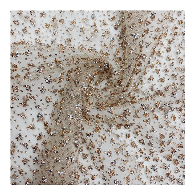 100% Nylon glitter tulle with gold jeweled tulle fabric beaded rhinestone fabric to make nobler dress