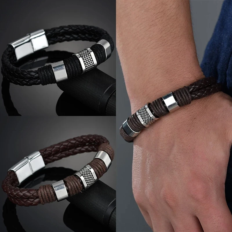 
New Punk Black Brown Braid Leather Bracelets Men Cool Stainless Steel Bracelets 