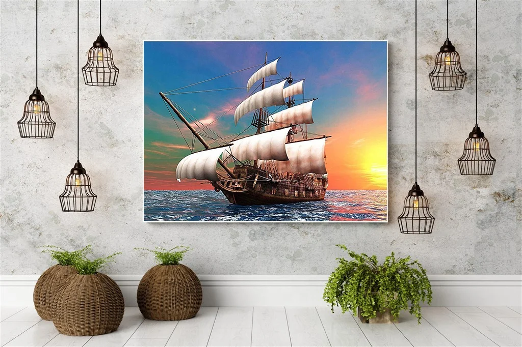 Boat on the sea diamond full drill mosaic art painting diamond art kit round dots painting for home dec.