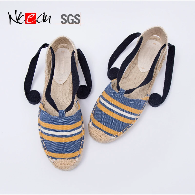 Custom stripe canvas casual ladies flat jute femmes sandals soles for platform espadrilles wedge womens
