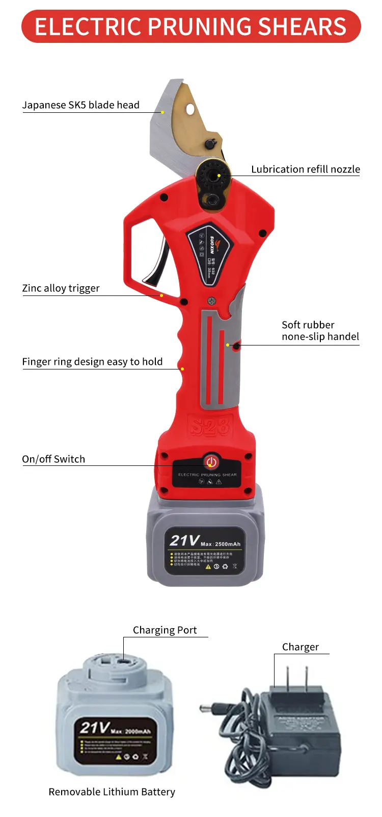
21V 32mm Electric Progressive Pruning Shear With Finger Protection 
